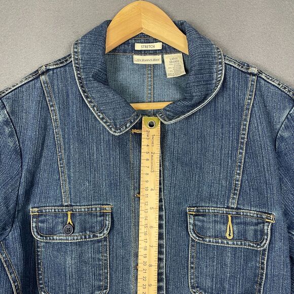St. John's Bay Jacket Women's Large Blue Denim Stretch Long Sleeve Button Front - Picture 13 of 15